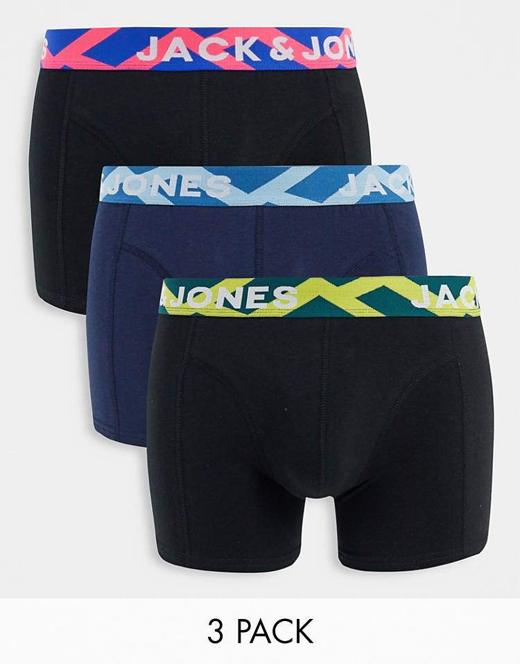 Jack & Jones 3 pack trunks with contrast waistband in black